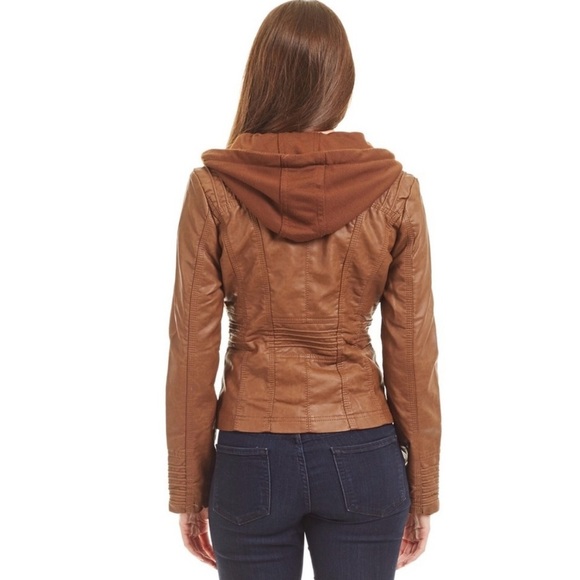 NWOT Trends Faux Leather Barcelona Jacket With Hoodie In Camel - Picture 2 of 7